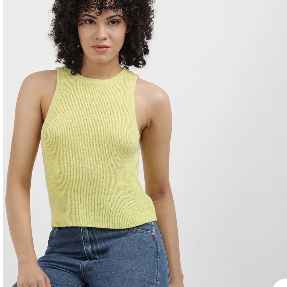 Calvin Klein women's sleeveless ribbed blouse top, Pear/Yellow,‎ Sz. Small, NWT